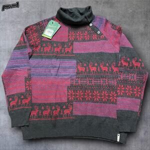 Woolrich Sweater Womens Large Gray Red Stokes Mountain Cowl Reindeer Fair Isle